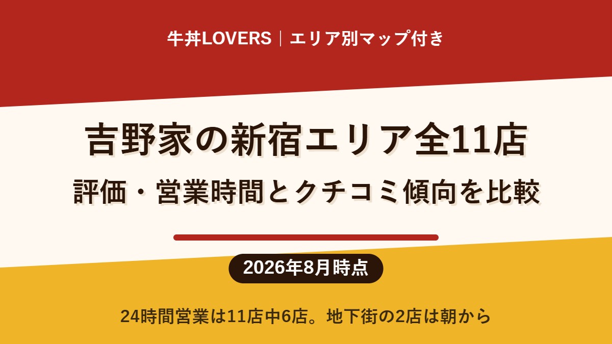 吉野家の新宿エリア全11店｜評価・営業時間とクチコミ傾向を比較